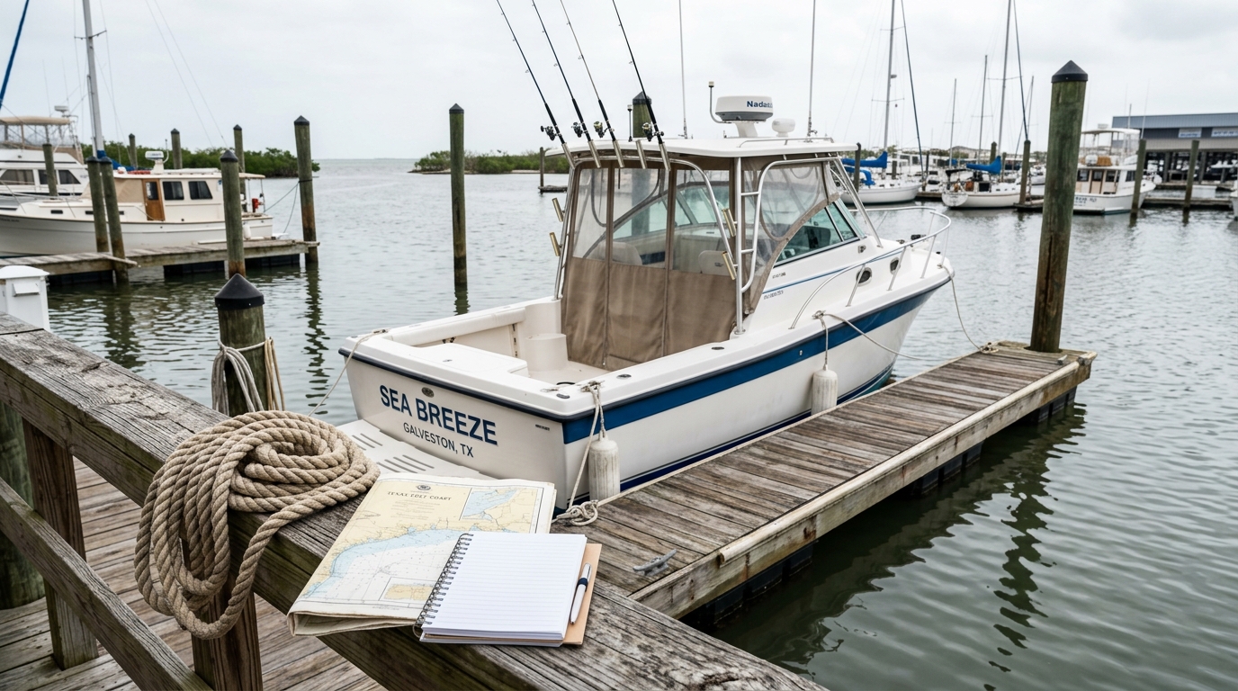 Boat docked at a Galveston marina with other boats and waterfront property in the background, illustrating property damage liability risks.