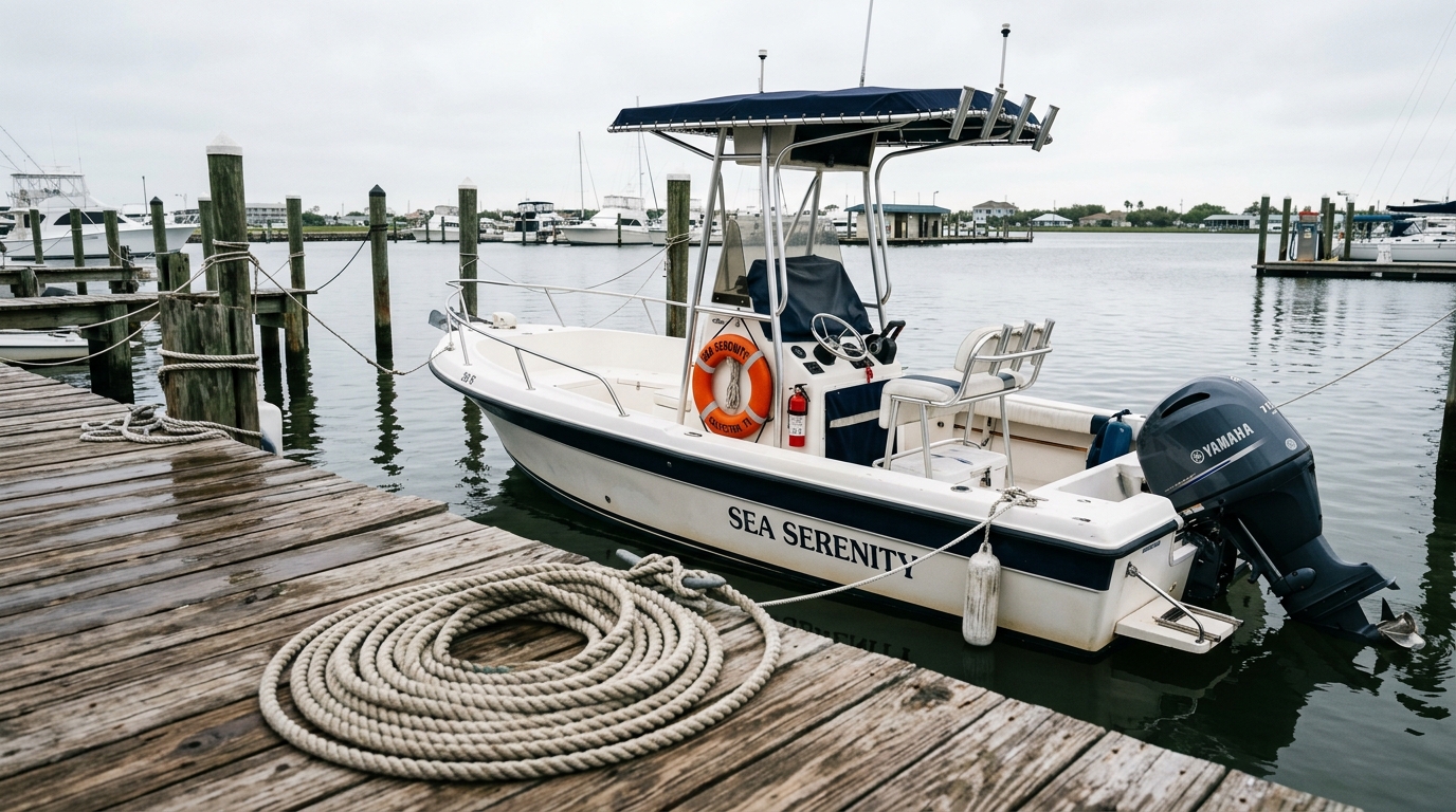 Boater checking engine on a boat in Galveston Bay, highlighting the importance of environmental cleanup coverage.