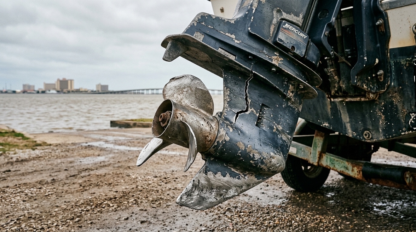 Damaged boat lower unit with cracked gear case from striking a submerged object in Galveston Bay