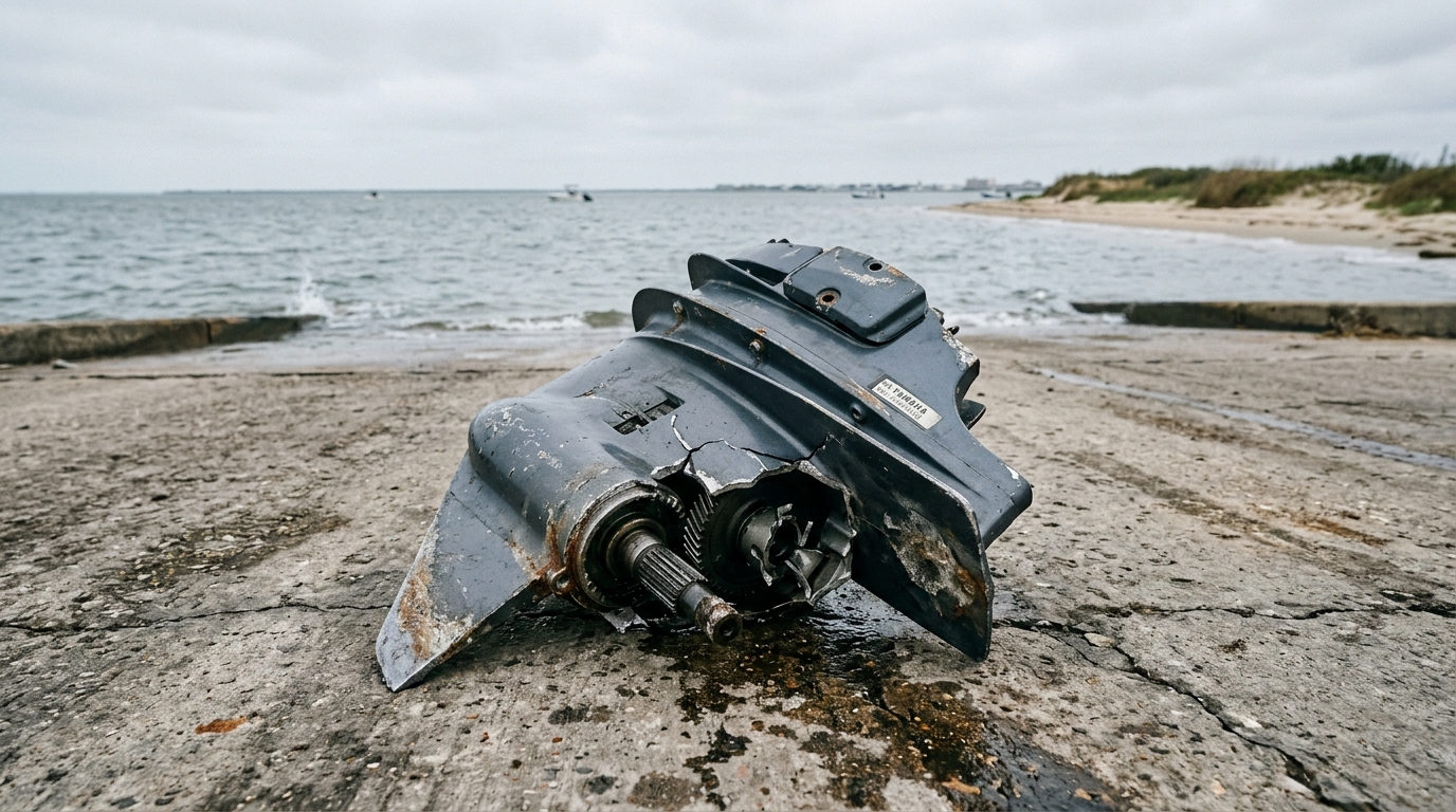 Boat captain using a phone to document damage to a propeller and lower unit after striking debris in Galveston