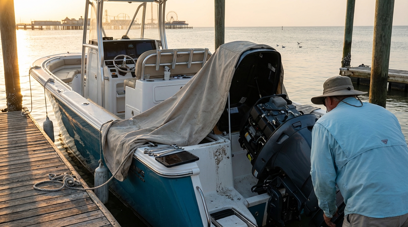 Boat repair estimate and claims paperwork in Galveston TX marina setting