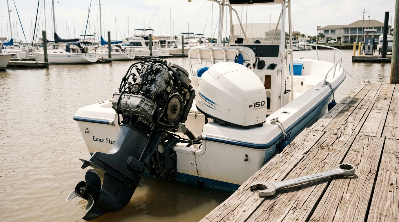 New Mercury outboard engine on a boat in Galveston Texas