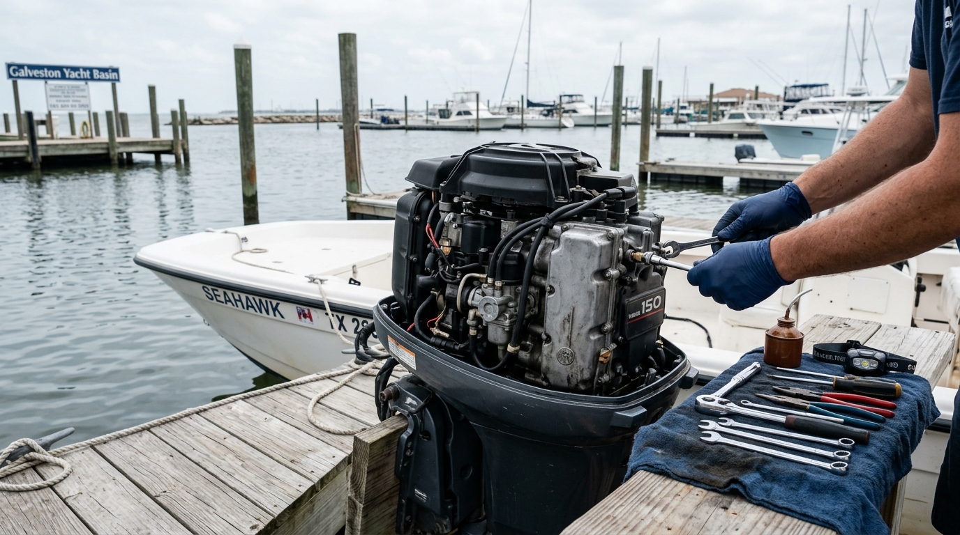 Marine surveyor inspecting an older inboard diesel engine in a Galveston trawler