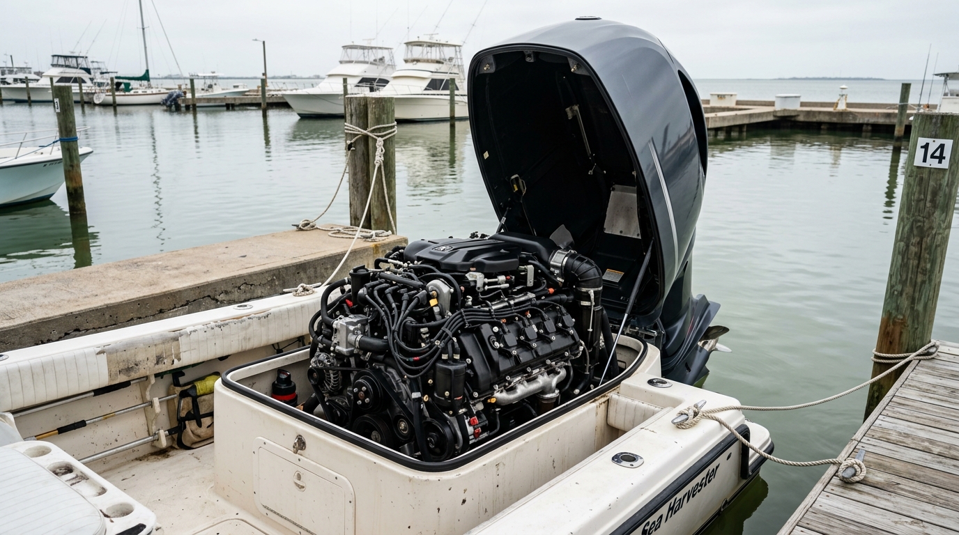 Boat owner reviewing engine maintenance records and insurance policy at a Galveston marina