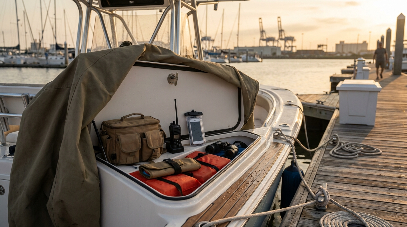 Waterproof dry bag and marine electronics on a boat near Galveston Bay