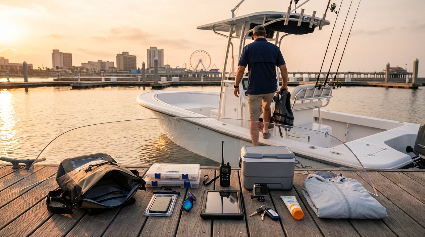 Galveston boat personal effects inventory with fishing rods, tackle bags, cooler, and handheld electronics