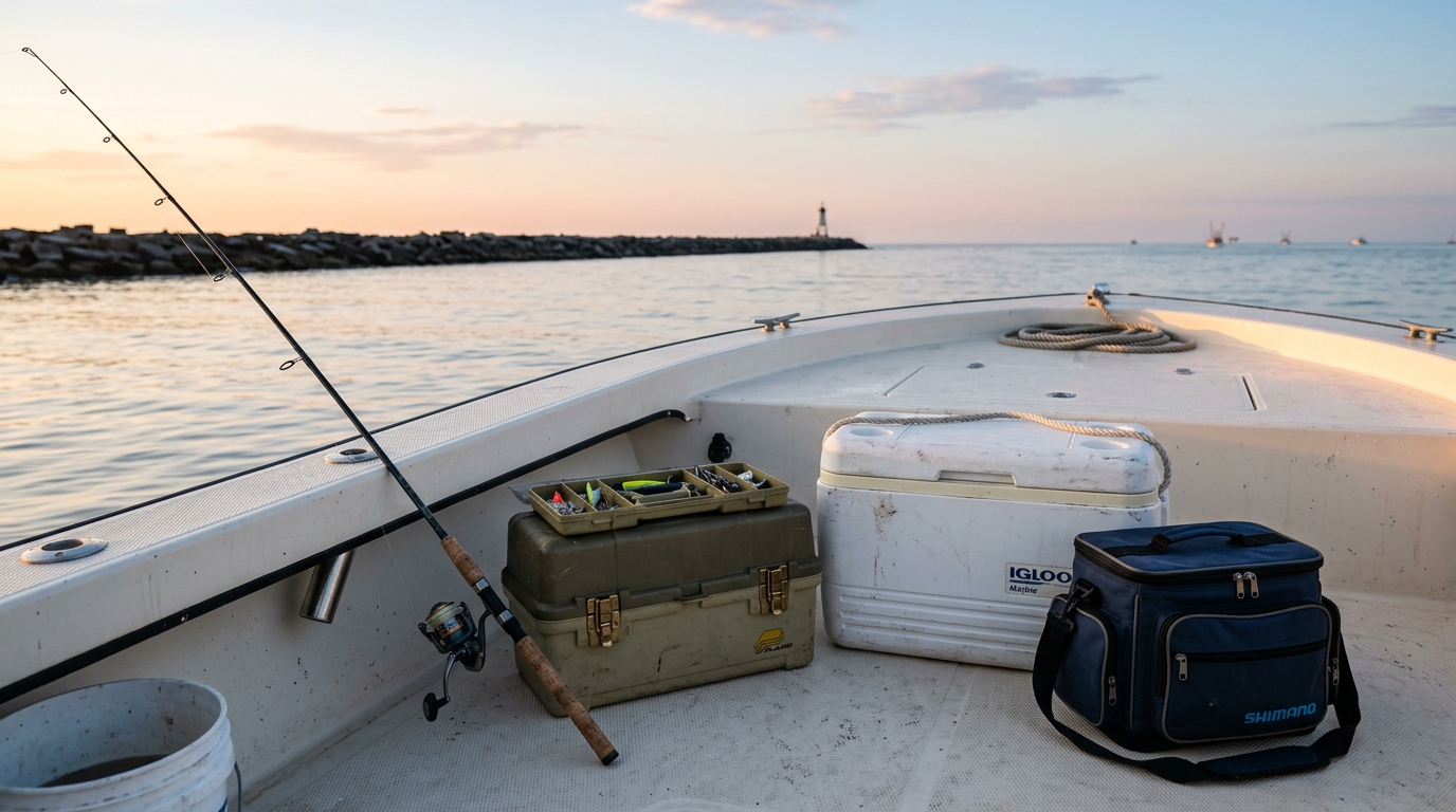 Fishing tackle box and gear on a boat deck in Galveston Bay, illustrating personal effects coverage