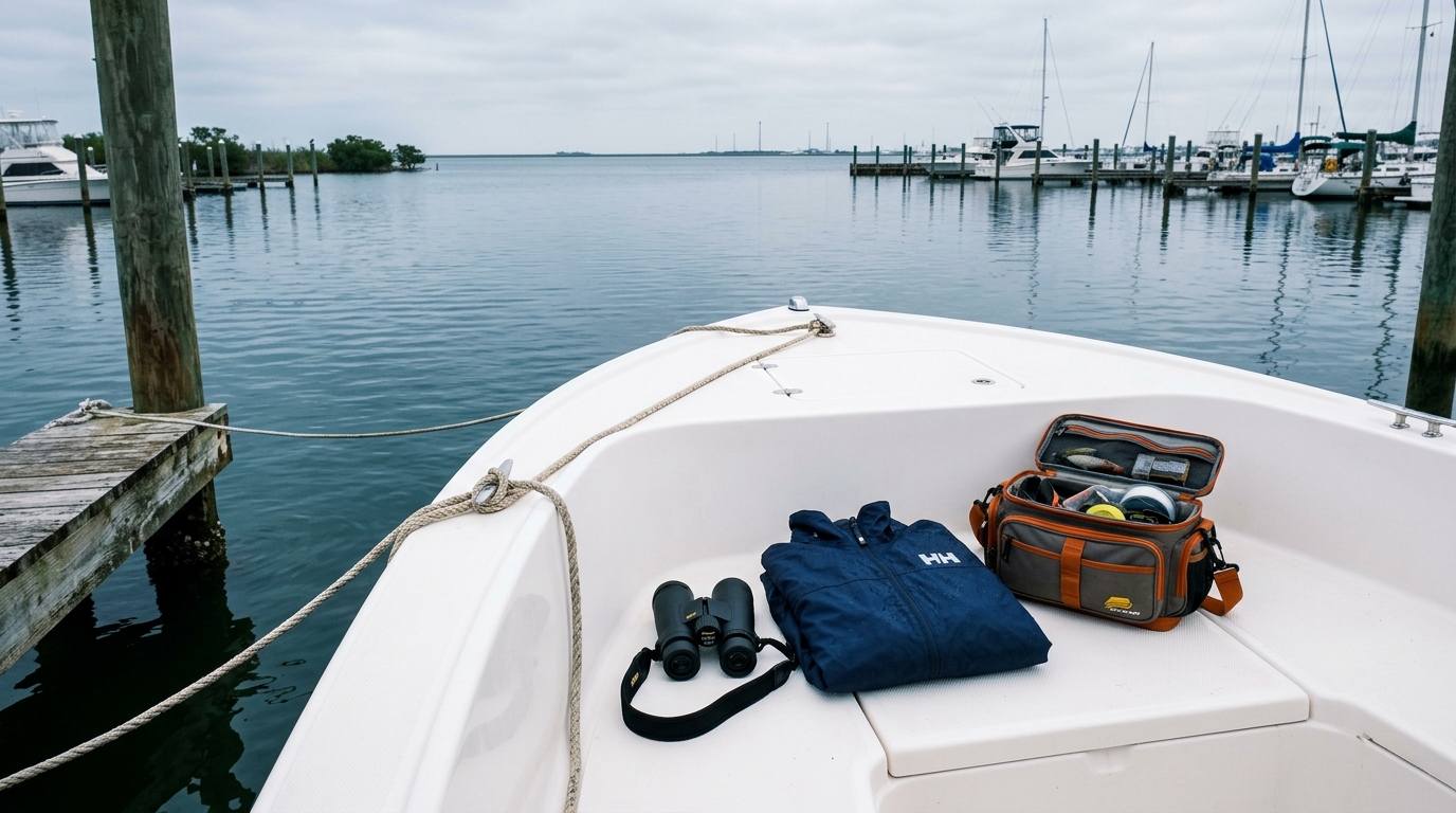A boater checking a smartphone with saltwater spray on a boat near Galveston Island