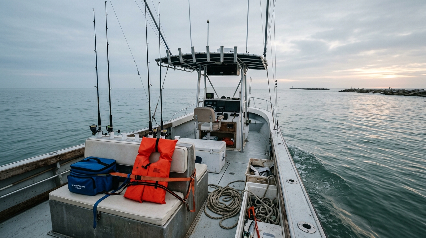 A map of Galveston Bay with markers for boating areas and a list of covered personal effects items