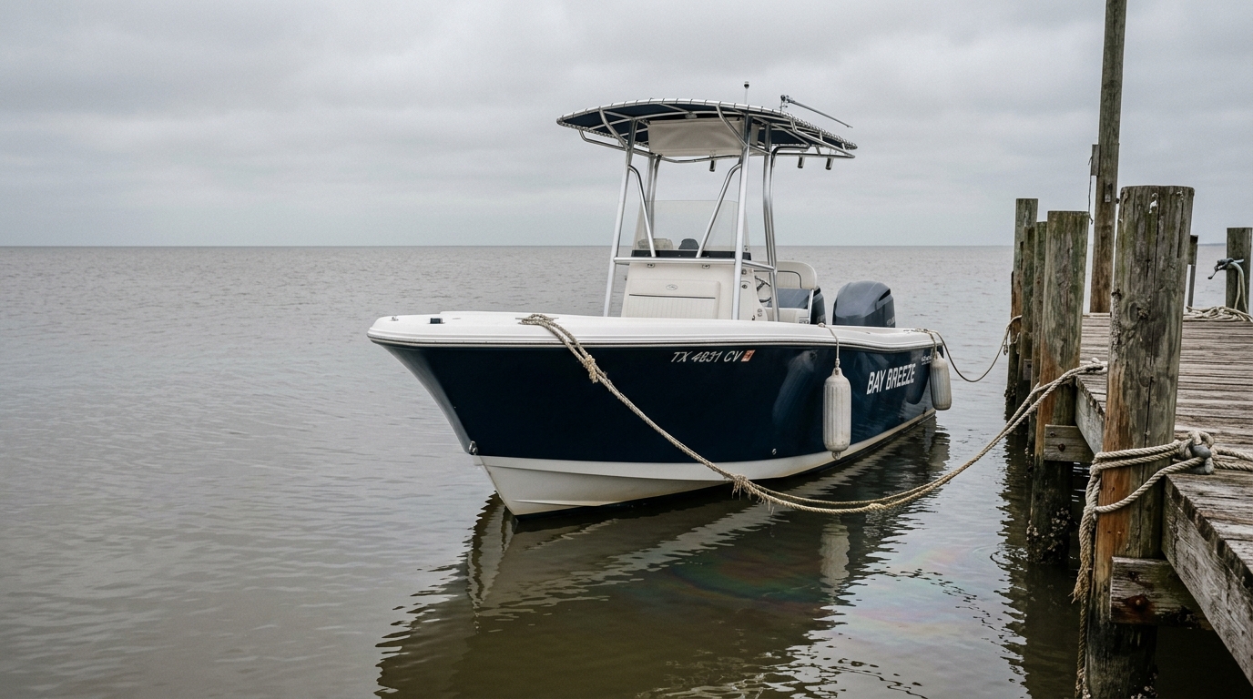 An older boat docked at a Galveston marina, highlighting a potential risk of fuel system failure and pollution