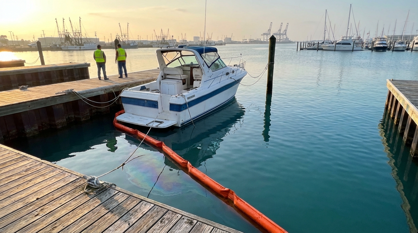 Fuel spill containment boom at a Galveston marina fuel dock