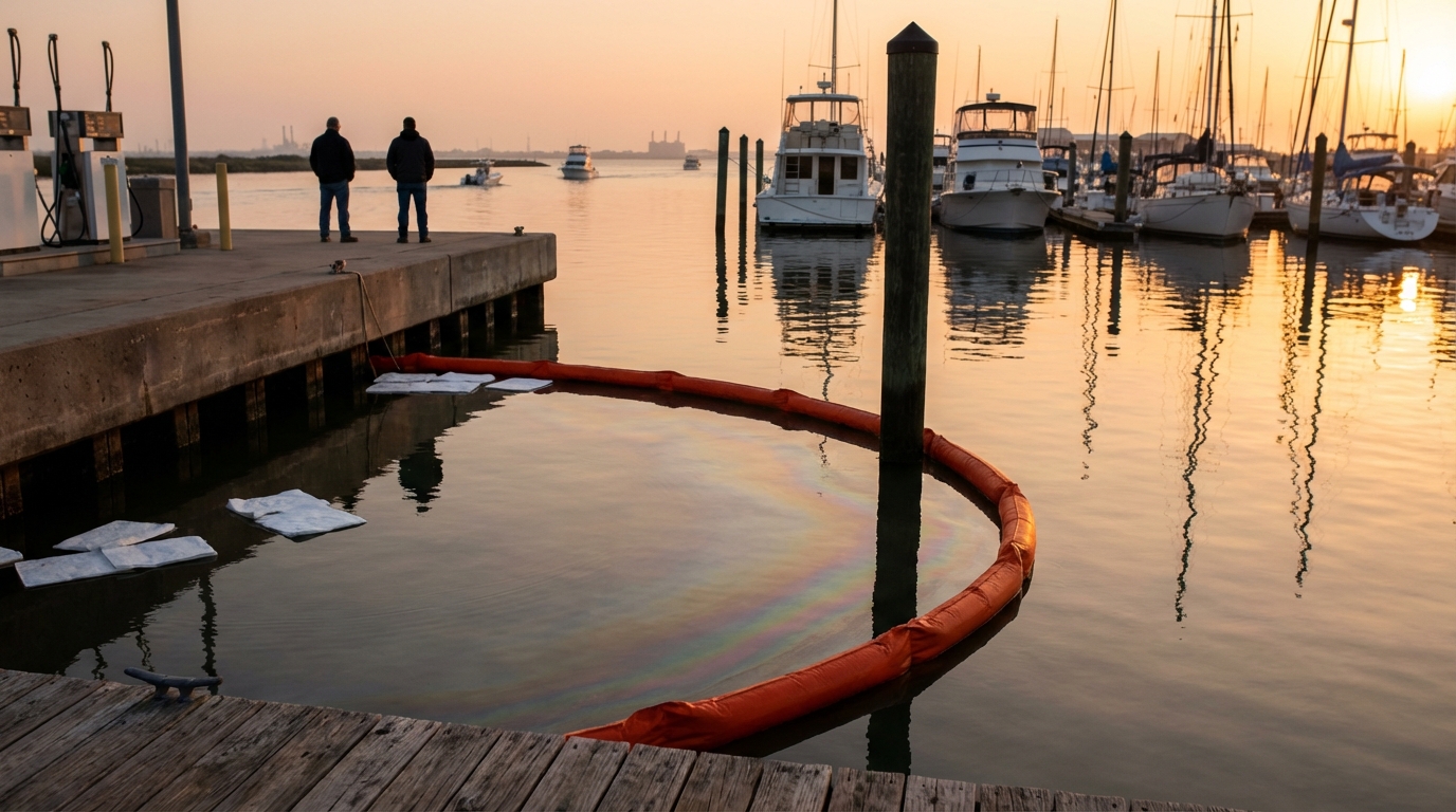 Boat owner documenting a spill incident at a Galveston slip with photos and notes