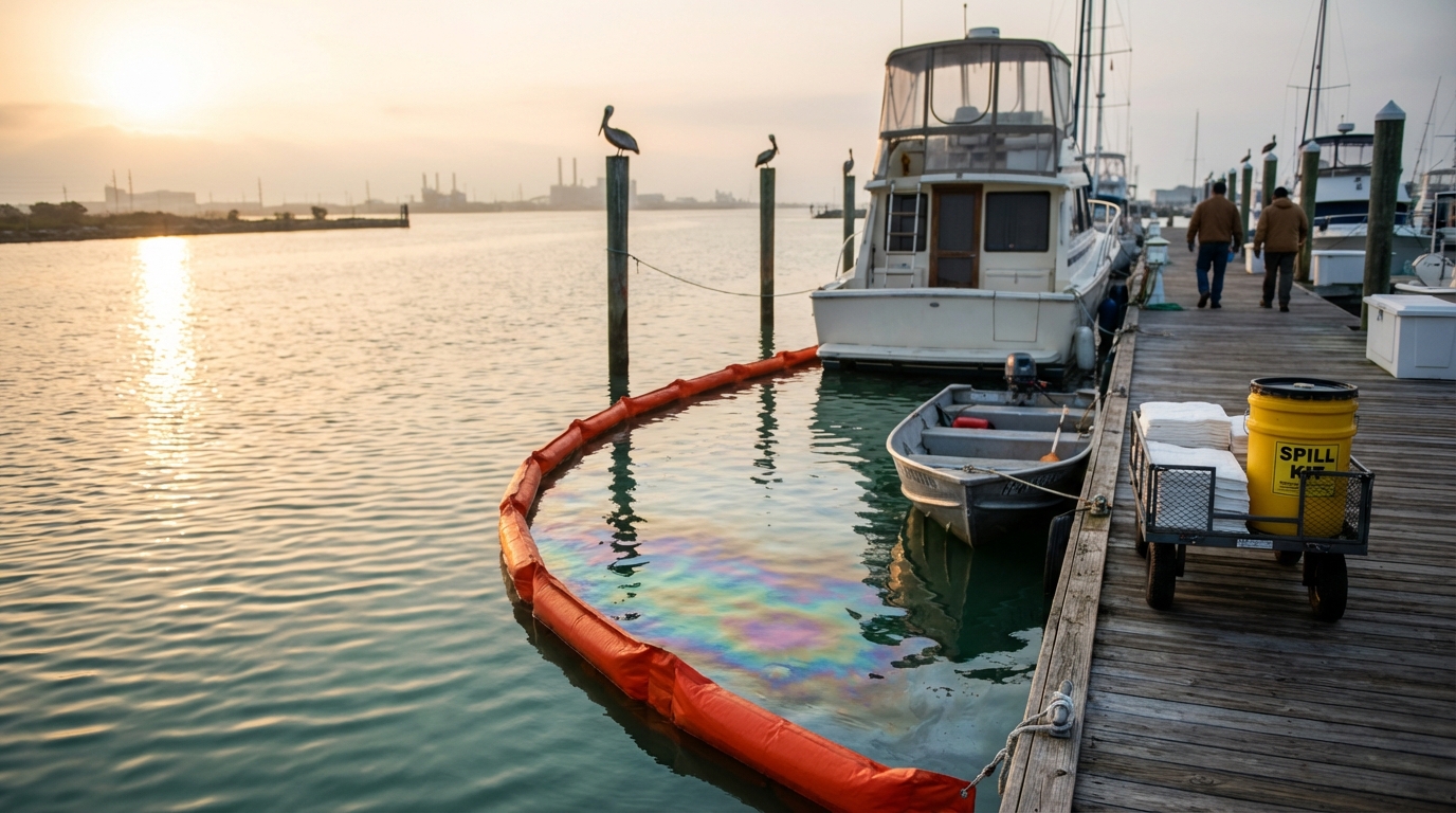 Galveston marina boats in close slips highlighting third-party spill exposure