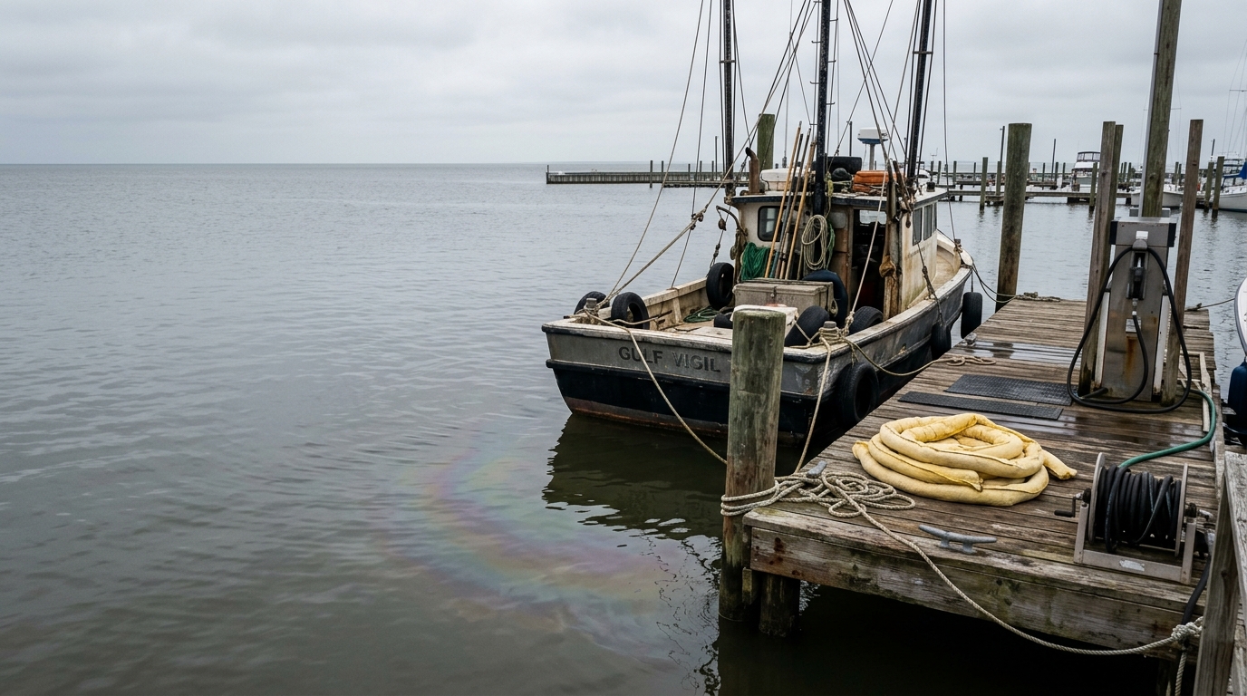 Boats docked at a Galveston marina with calm water, illustrating the risk of fuel spills in protected harbors