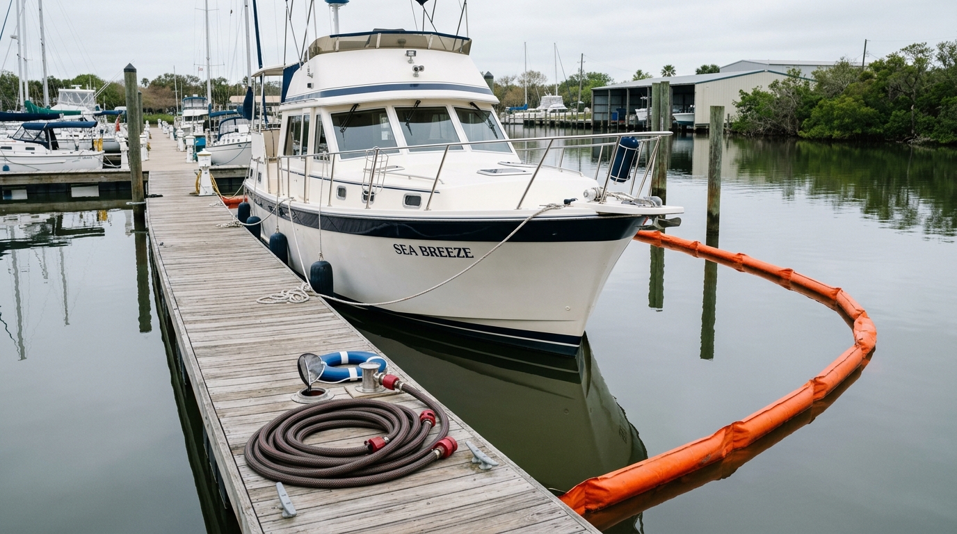 A Galveston insurance agent reviewing a boat insurance policy document with pollution liability highlighted