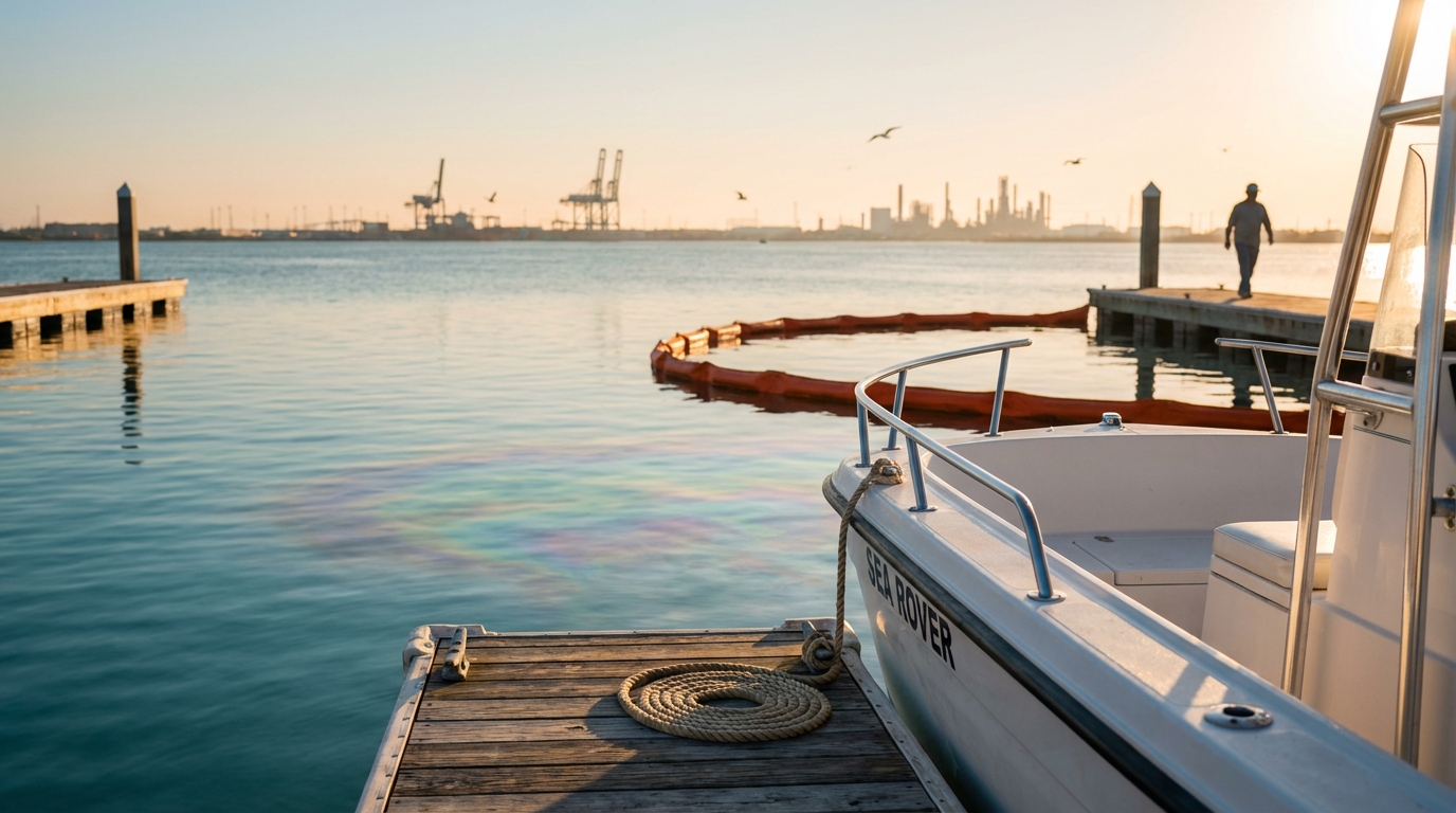 Fueling at a Galveston marina with spill prevention gear and containment boom