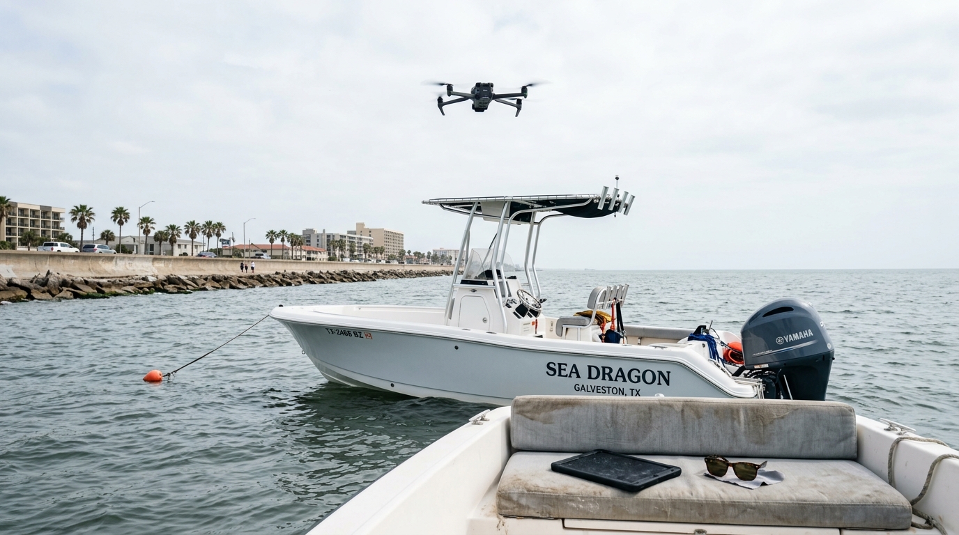 A drone flying over a boat in the Gulf of Mexico near Galveston, highlighting the risk of saltwater damage to portable electronics