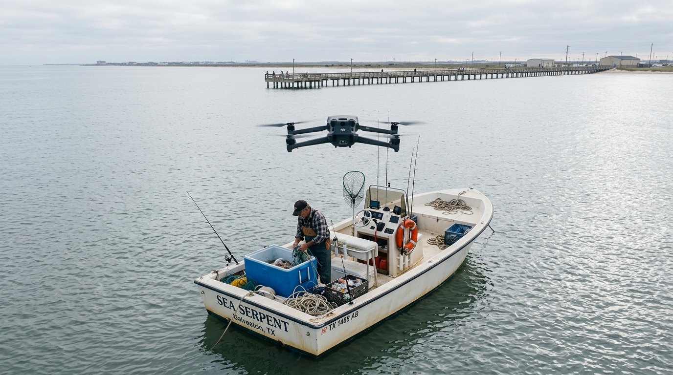 A laptop and tablet on a boat seat near the Galveston Seawall, illustrating the need for personal effects coverage