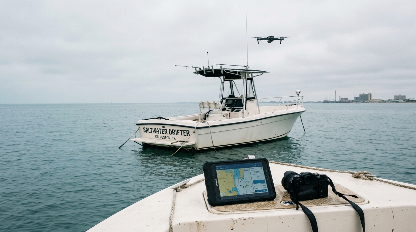 A boater securing a tablet in a waterproof floating case on a boat in Galveston Bay