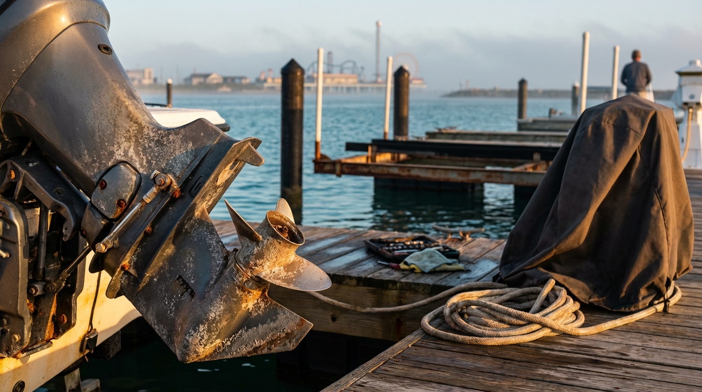 Boat owner rinsing and flushing an outboard after saltwater use in Galveston