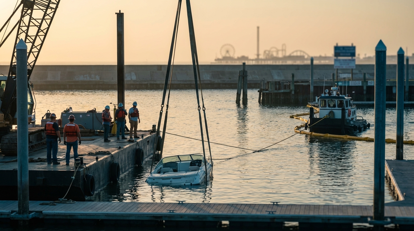 Boat salvage operation near Galveston Bay showing refloating and towing to marina