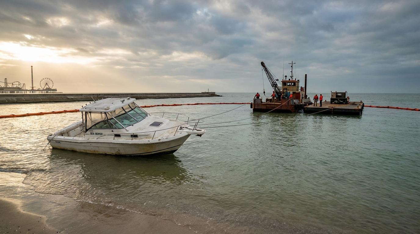 Wreckage removal from a marina slip in Galveston with crane and debris containment