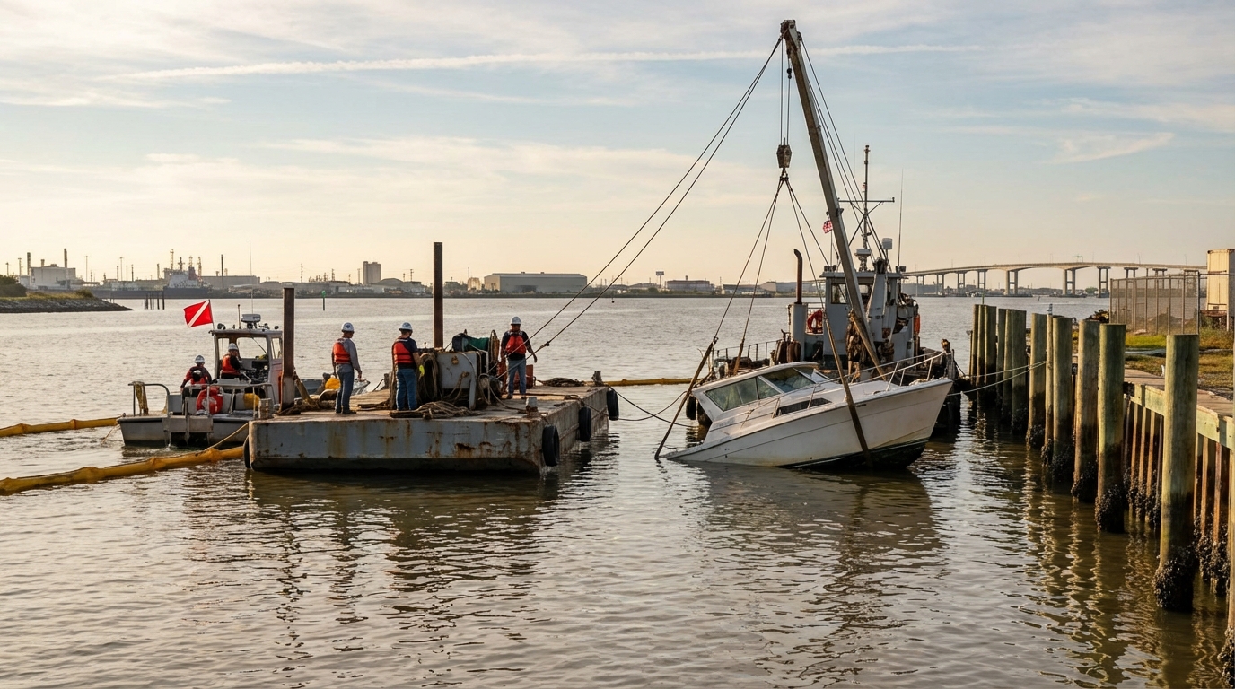 Galveston boat owner reviewing insurance policy salvage and wreck removal limits before hurricane season