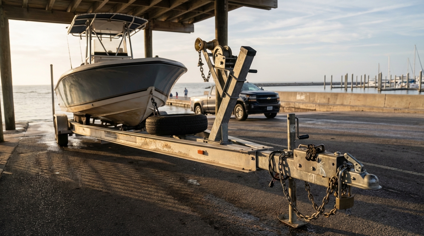 Boat trailer being towed on I-45 near Galveston with coverage comparison auto policy vs boat policy