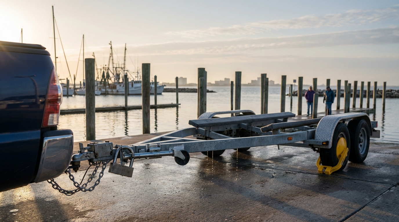 Boat trailer locked at a Galveston storage lot showing coupler lock and wheel lock for theft prevention