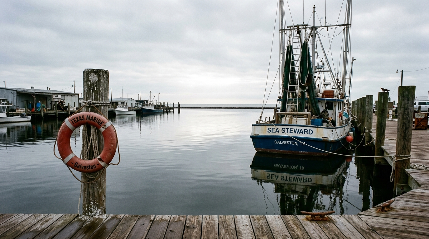 Containment boom deployed around a sunken boat in a Galveston marina