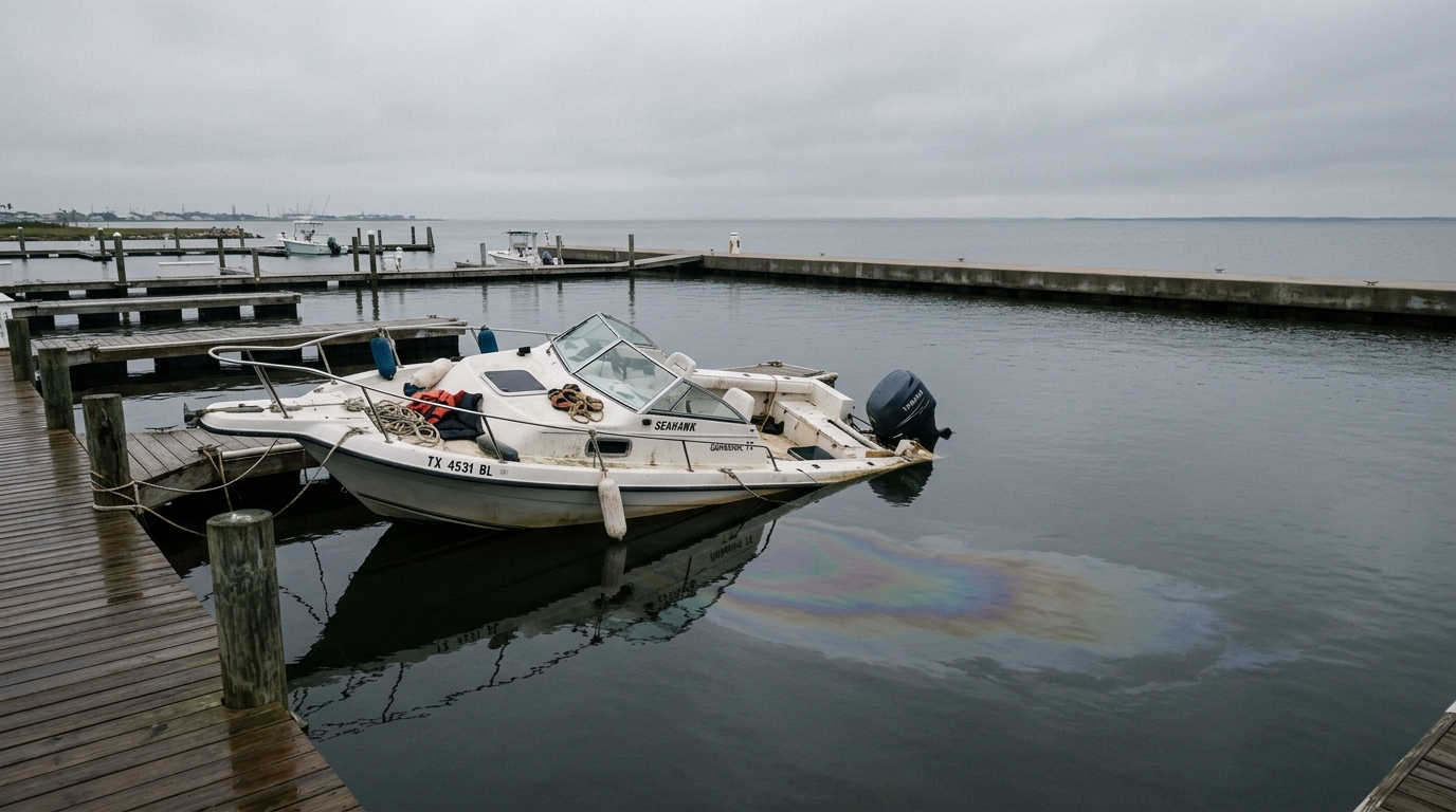 Galveston boat owner reviewing insurance policy with pollution liability highlighted