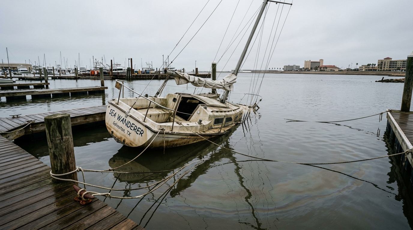 Galveston Bay marina with boats at docks and city skyline in background