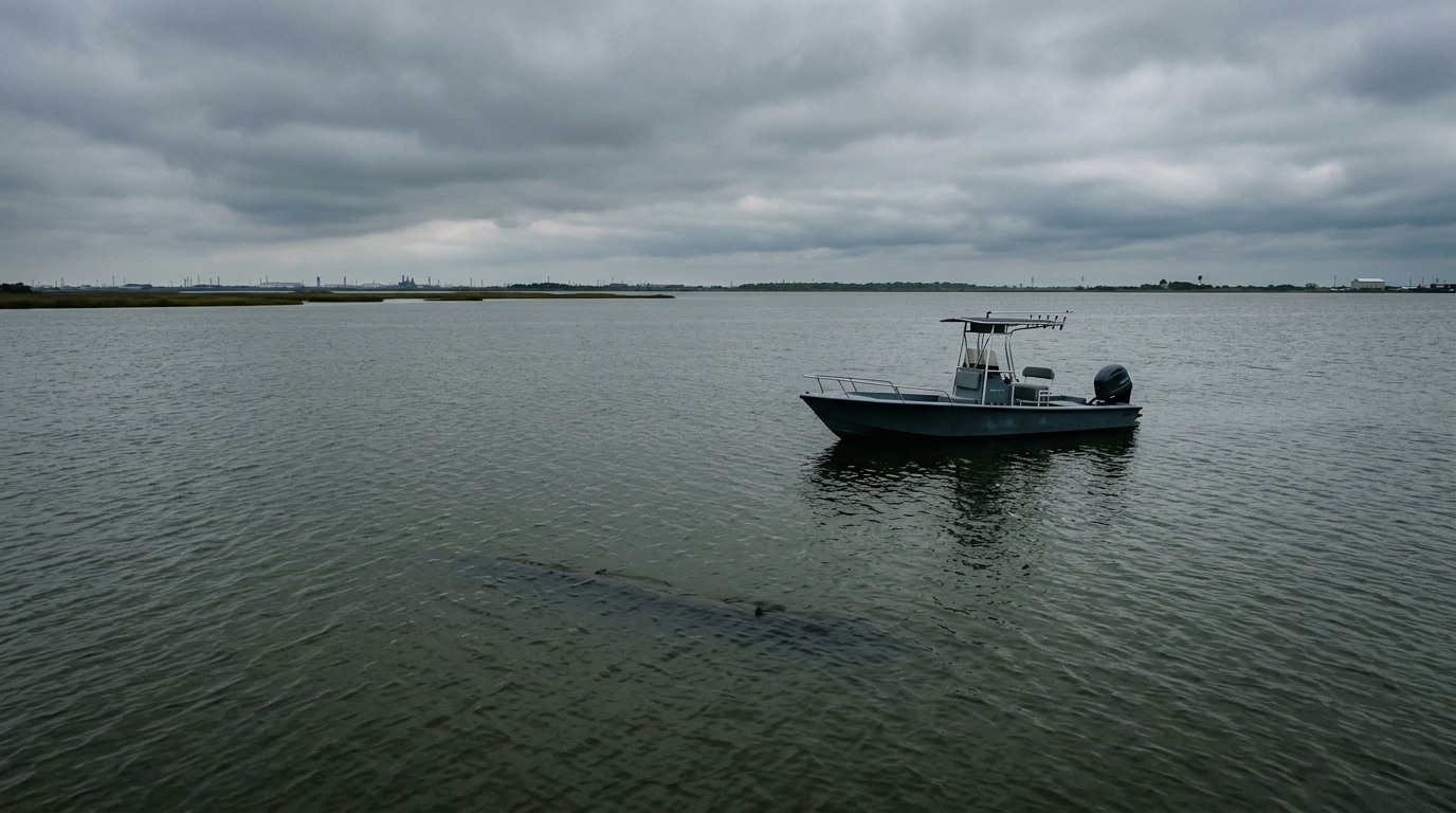 A boat hull damaged below the waterline after striking a submerged log in Galveston Bay