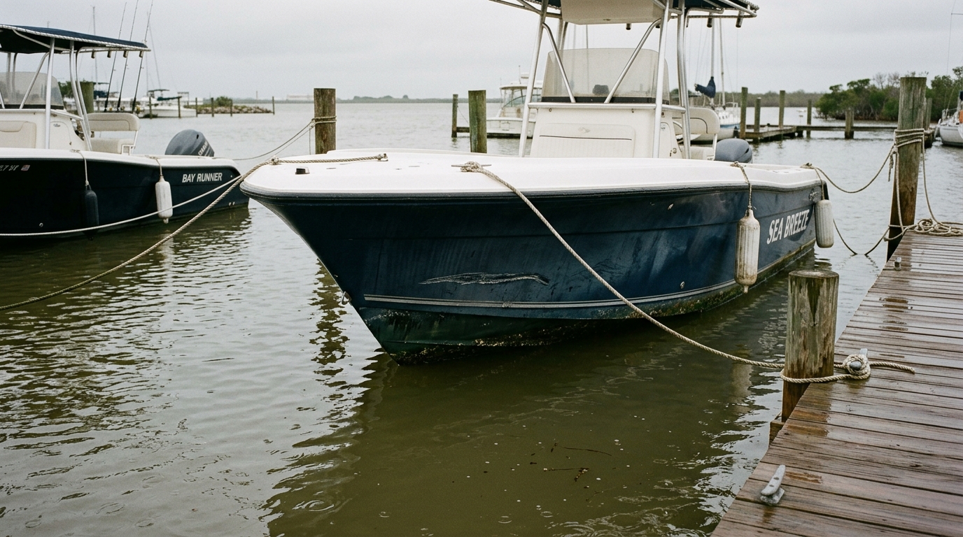 A marine surveyor inspecting a boat propeller and shaft for damage in a Galveston boatyard