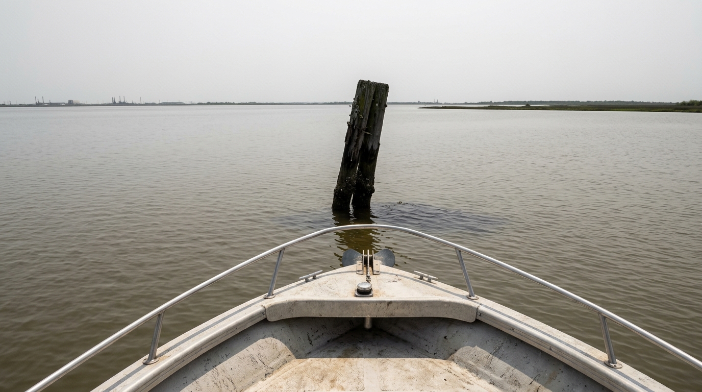 A GPS chartplotter on a boat console navigating the murky waters of Galveston Bay