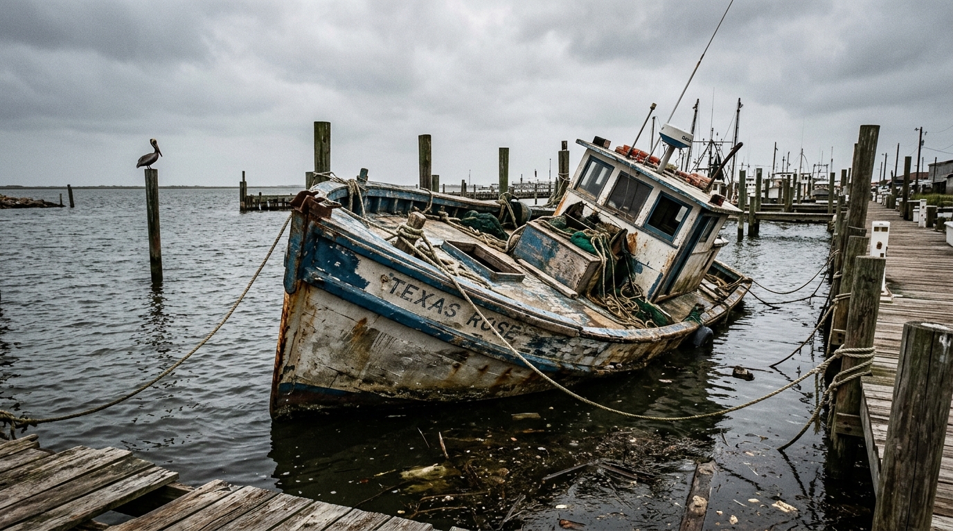A damaged boat partially submerged at a Galveston marina after a hurricane, illustrating a total loss scenario.