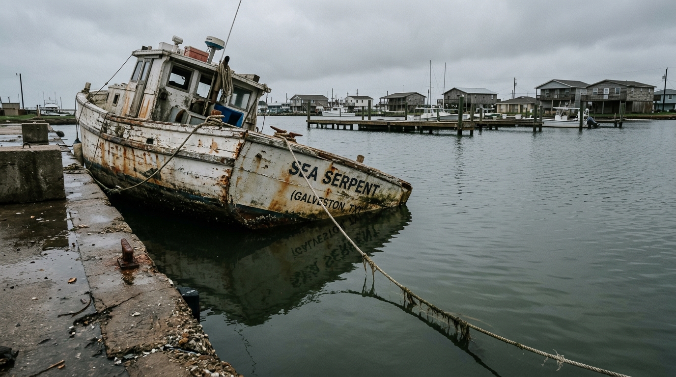 A boat owner using a smartphone to photograph damage to the hull of their boat for an insurance claim in Galveston.