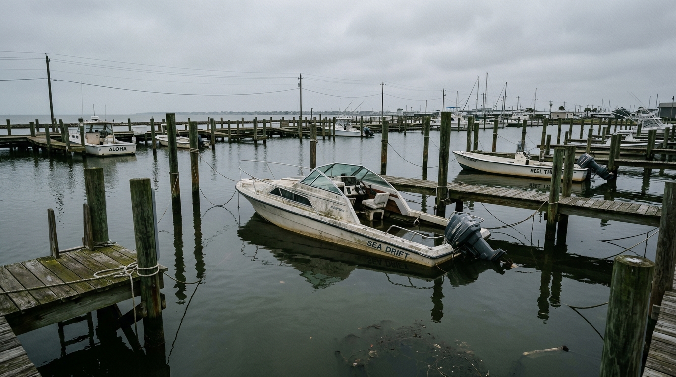 A boat insurance agent reviewing a claim file and settlement offer for a boat damaged in Galveston.
