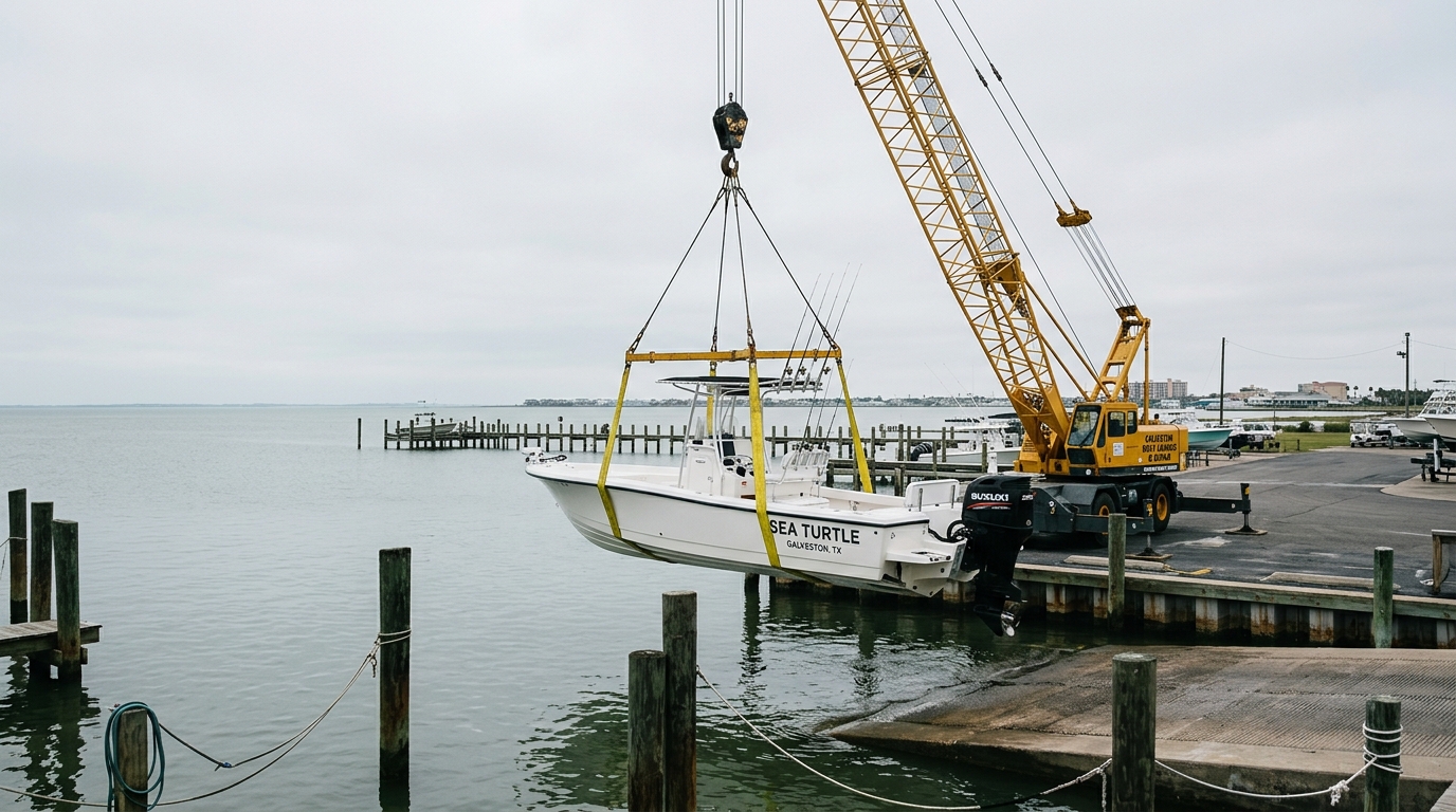 A new bay boat being lifted by a crane into the water at a Galveston marina, illustrating the type of vessel eligible for total loss replacement coverage.