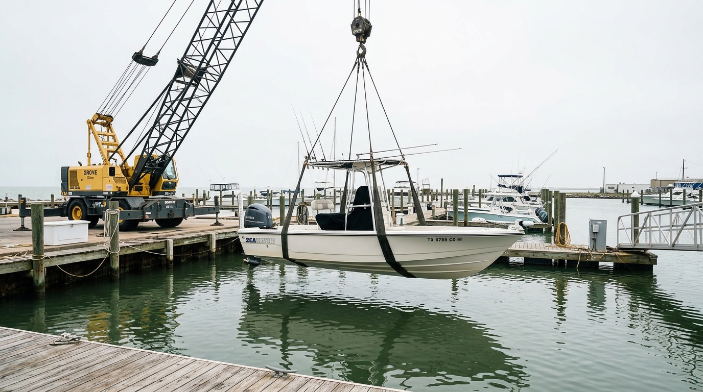 Aerial view of a Galveston marina with boats in slips, showing the density and exposure that makes total loss coverage a critical consideration.