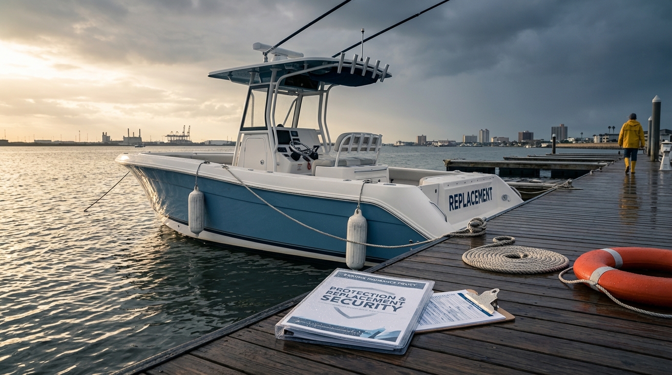 Newer center console boat at a Galveston marina illustrating total loss replacement coverage