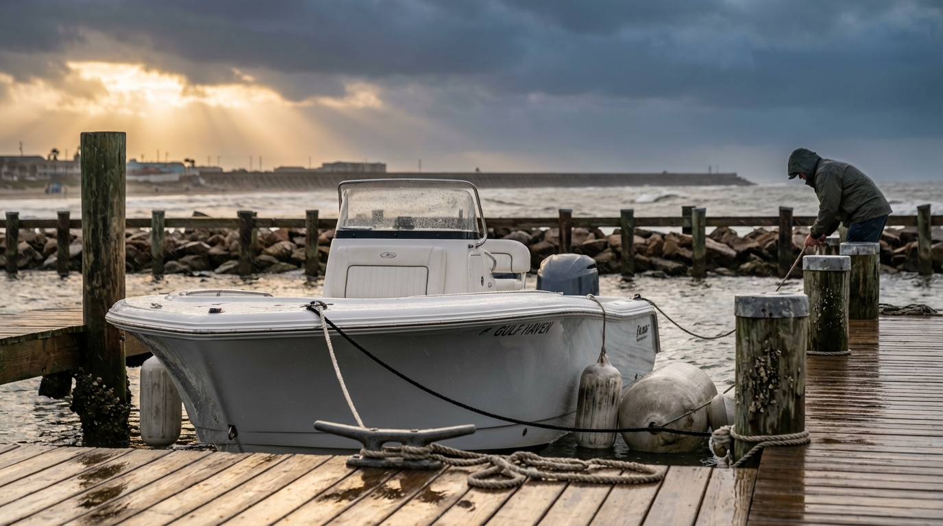 Boat damage assessment after a Gulf Coast storm near Galveston Bay