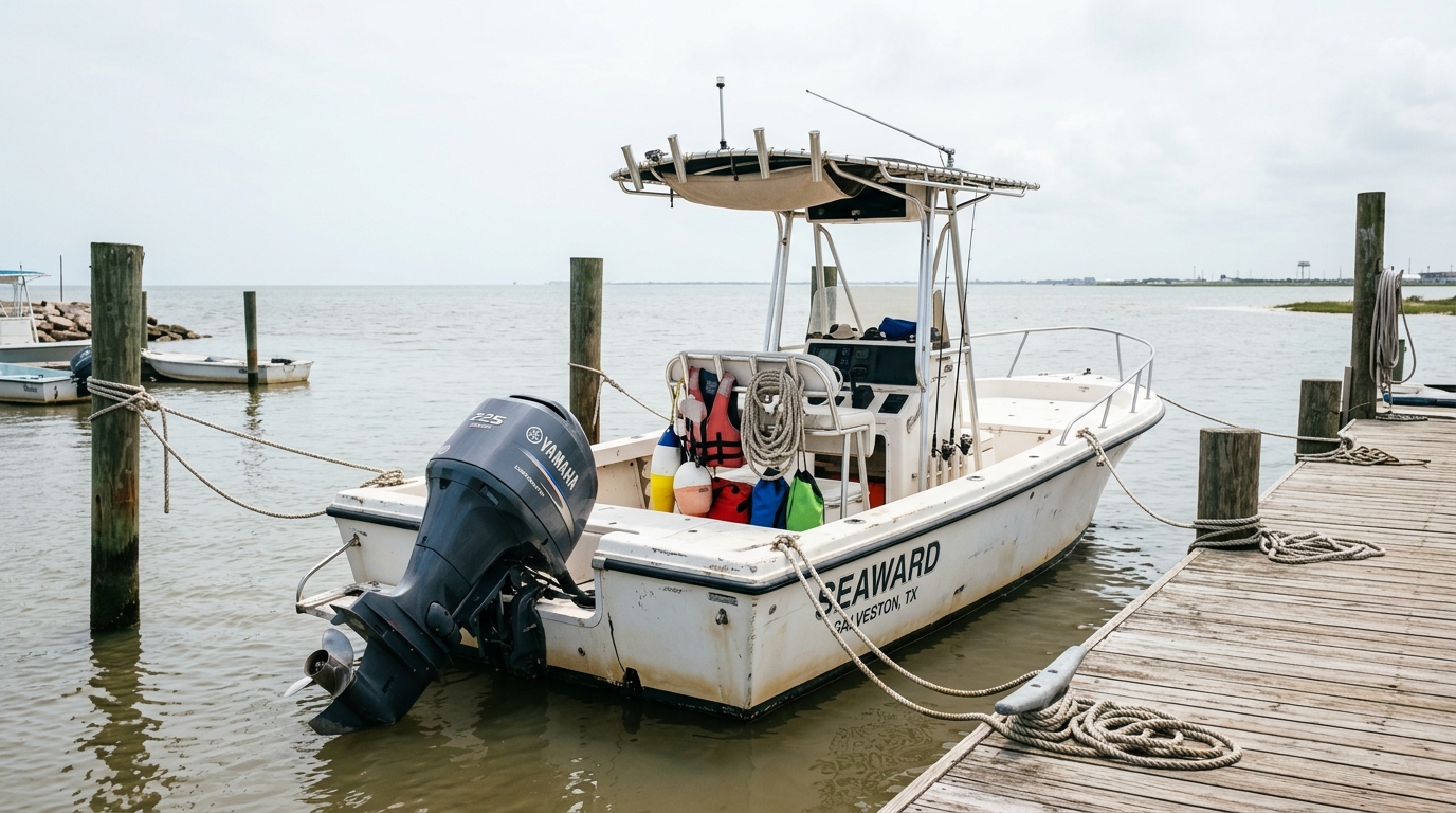 A damaged boat lift on Galveston Bay after a hurricane, illustrating the risk of total loss for local boaters