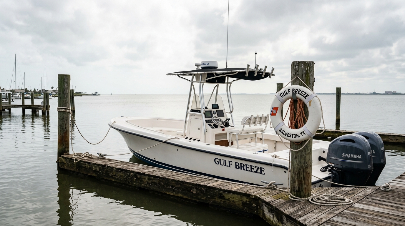 A brand new bay boat being delivered to a Galveston marina, representing the benefit of total loss replacement coverage