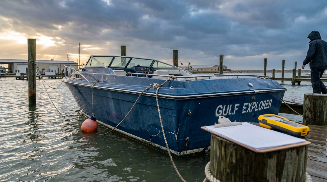 Damaged boat and outboard motor in Galveston with salvage value considerations
