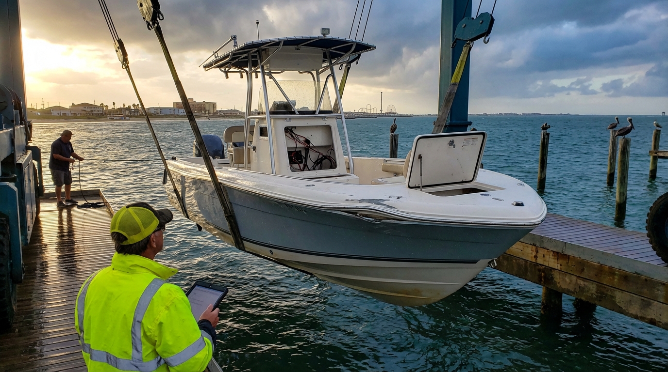 Boat owner in Galveston photographing hull and serial numbers for insurance documentation