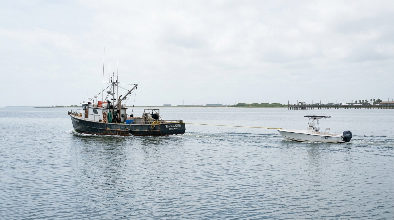 A tow boat assisting a stranded vessel near the Galveston jetties at sunset