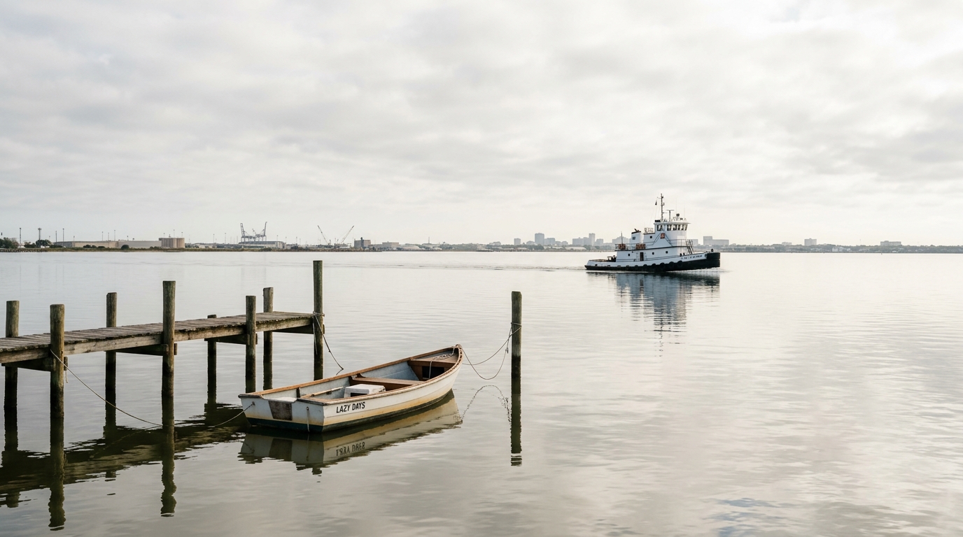 A boater on a smartphone calling for a tow on Galveston Bay with a storm approaching in the background