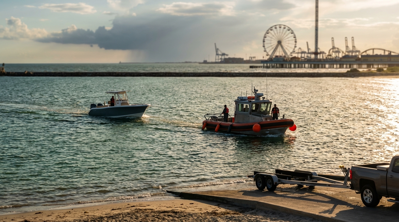On-water boat towing assistance in Galveston Bay near a marina