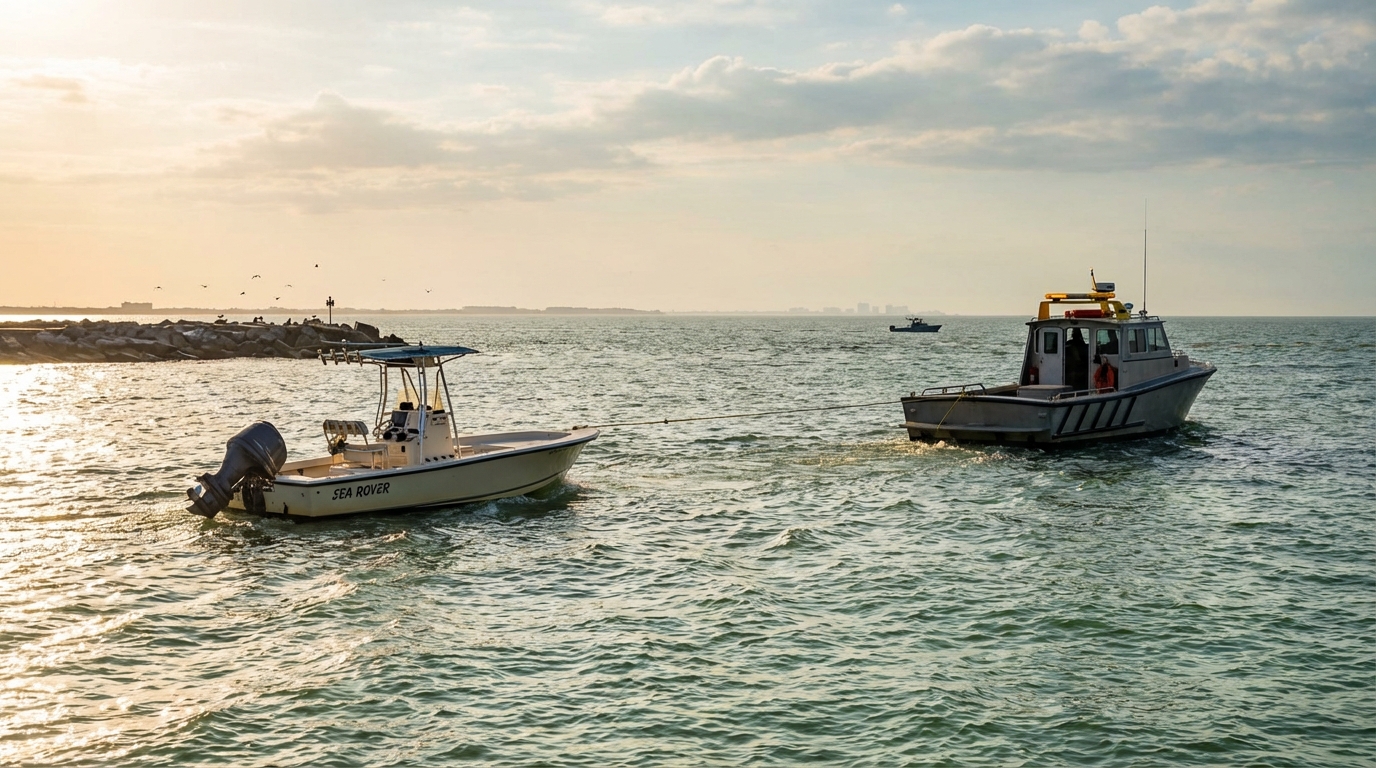 On-water boat towing assistance near Galveston Bay marina with tow vessel alongside